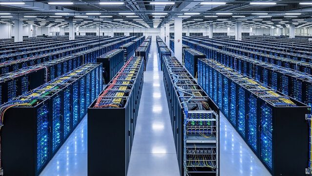 Rows of Server Racks with Blinking Blue Lights and Colorful Cables in a Large Data Center Hall Keywords: data center, server room, servers, racks, technology, computing, network, internet