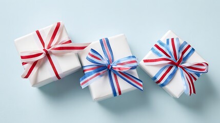 Fototapeta premium Three wrapped gifts with colorful ribbons on a light blue surface for celebration
