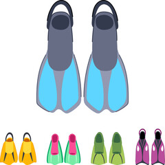Collection of various colorful swimming flippers with different designs, providing essential equipment for water activities like diving, snorkeling, and underwater exploration © PikePicture