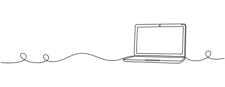 Open laptop resting on continuous line in minimal composition. No editable stroke