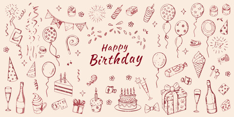 hand drawn birthday party doodle collection red hand drawn balloon cake gift champagne © Nikhil