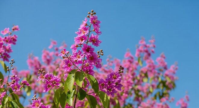 Vibrant Pink Crape Myrtle Blossoms Blooming Against Clear Blue Sky
