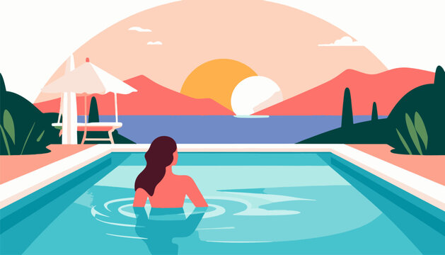 A person relaxes in a swimming pool overlooking a serene seascape at sunset