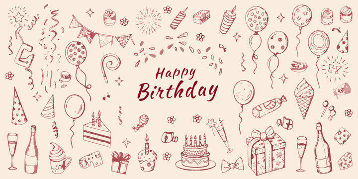hand drawn birthday party doodle collection red hand drawn balloon cake gift champagne