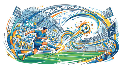 Soccer Player Kicking Ball into Goal in Stadium, Dynamic Action Illustration © Fridi
