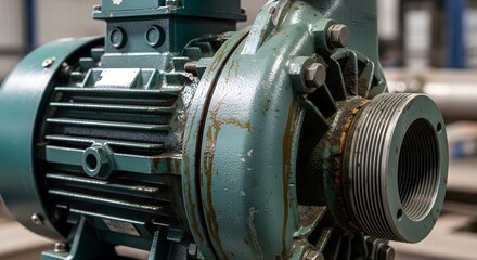Obraz premium Close-up of a powerful industrial electric motor pump in a factory setting.