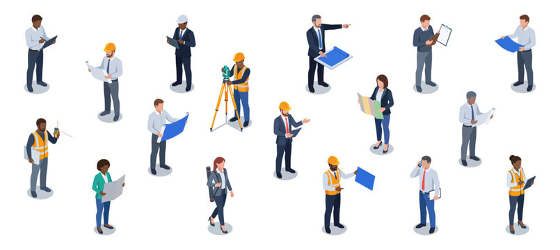 Isometric civil engineers and architects looking at blueprints | Diverse construction team working with survey tools for building project development