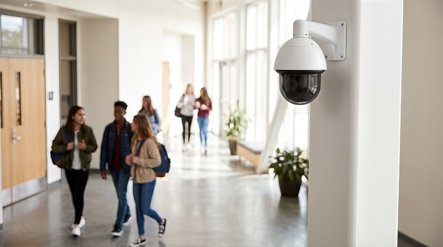 CCTV security camera mounted on a wall in a modern hallway with students walking by, large windows providing natural light and greenery visible in the background