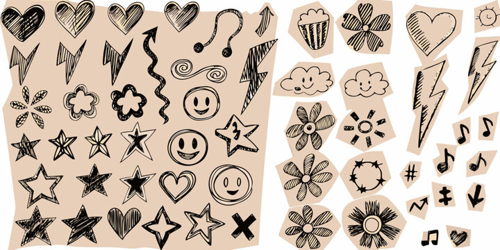 hand drawn doodle elements on beige background hand drawn stars hearts flowers smileys
