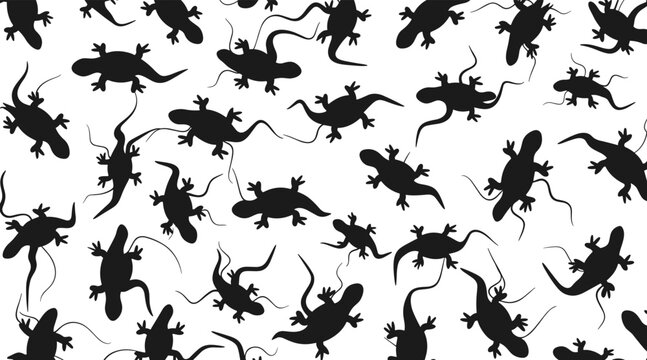 Lizard silhouettes scattered in repeating pattern on white, no seamless