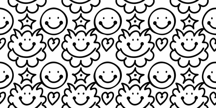 hand drawn smiley faces seamless pattern black white repeating design background funny