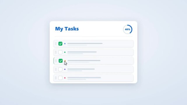 Animated task list with cursor checking off items and circular progress indicator productivity template