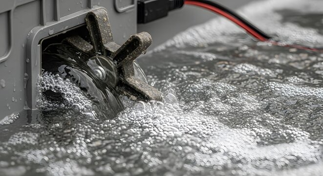 Close-up of a Water Pump Impeller Rotating in Bubbling Water.