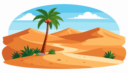 Obraz premium A desert oasis with a single palm tree and a winding path under a blue sky