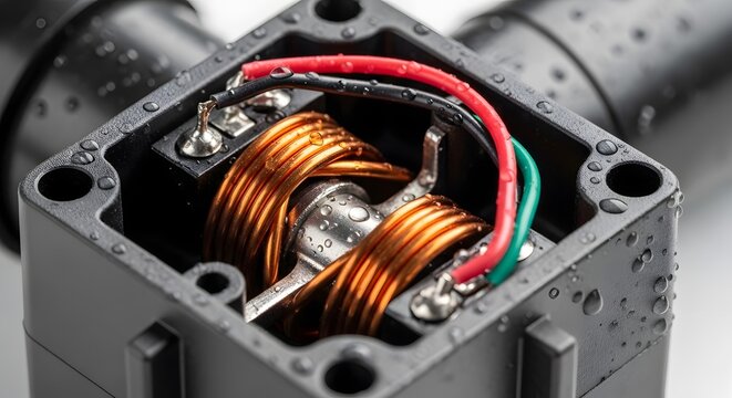 Close-up of an open electric motor showing copper windings and wires.