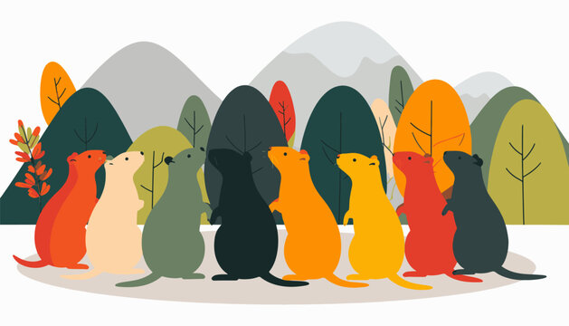 A group of cartoon groundhogs stand in a line with autumn trees and mountains