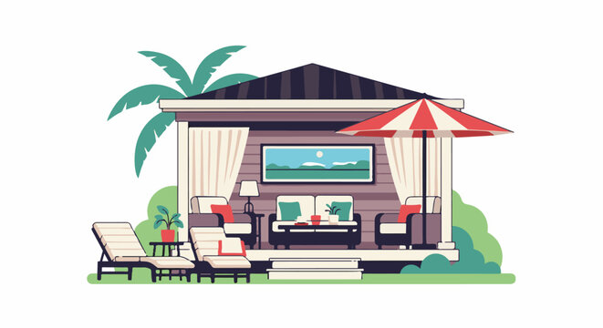 Tropical outdoor living space with lounge chairs and seating
