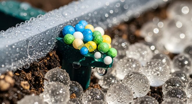 Close-up of colorful water beads and a plant mister in a garden setting.
