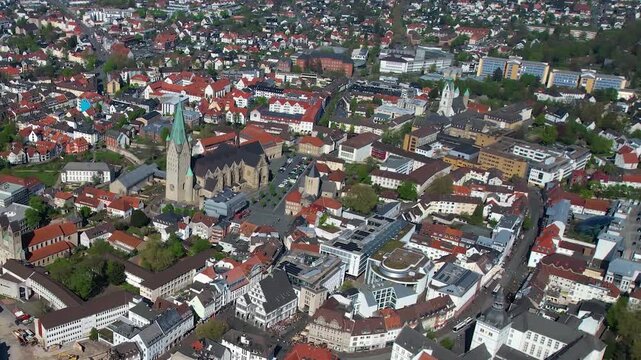 Aerial view around the old town of the city Paderborn, in Germany on a sunny  spring noon.