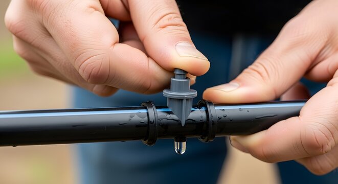 Close-up of hands installing a drip irrigation emitter into a black poly tube.