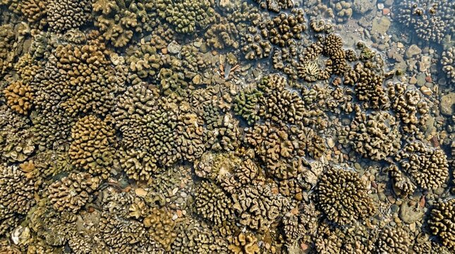 Close-up view of coral reef texture and patterns on the seabed with clear shallow water