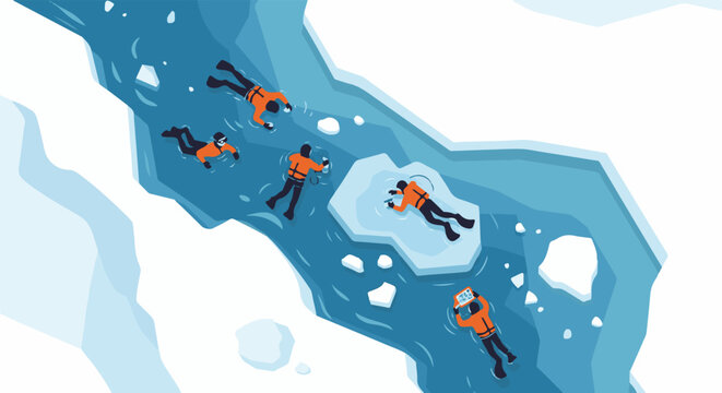 Researchers in orange vests swim among ice floes in arctic water