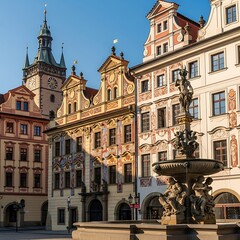 Fototapeta premium Ornate Historic Buildings and Fountain Standing in Sunlit European Town Square