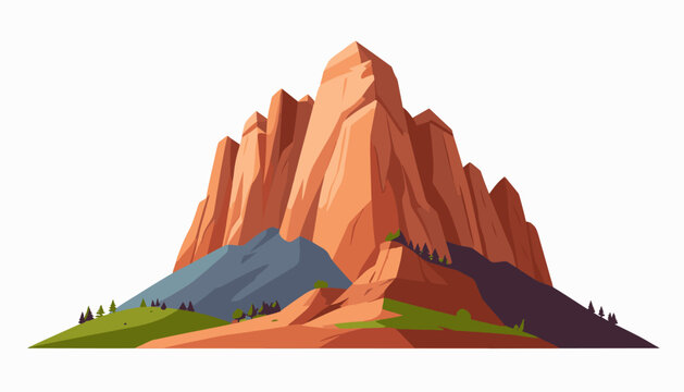 Stylized illustration of towering red rock formations and rolling green hills