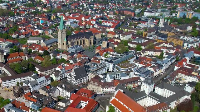 Aerial view around the old town of the city Paderborn, in Germany on a sunny  spring noon.