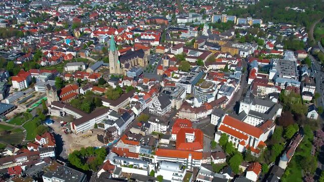 Aerial view around the old town of the city Paderborn, in Germany on a sunny  spring noon.