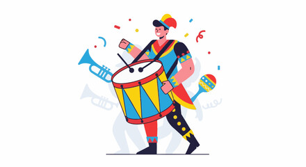 Fototapeta premium Lively parade performer in colorful attire plays drum amidst confetti