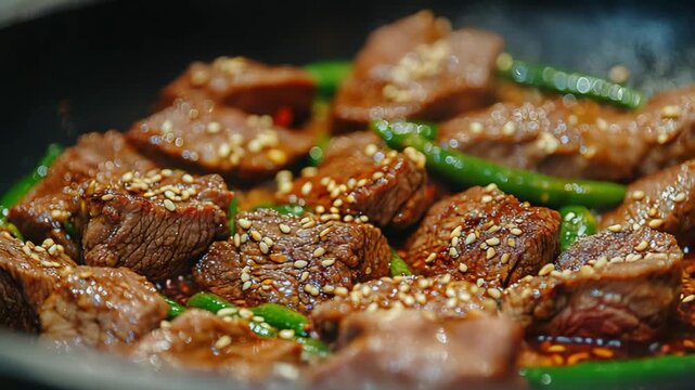 selective focus close-up stir-fried beef slices with green beans in savory soy sauce sesame seeds chili flakes