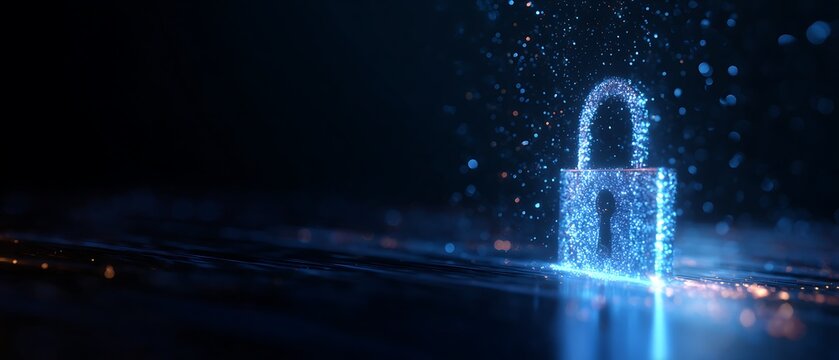 A glowing blue lock appears on a dark background with particles around it at night