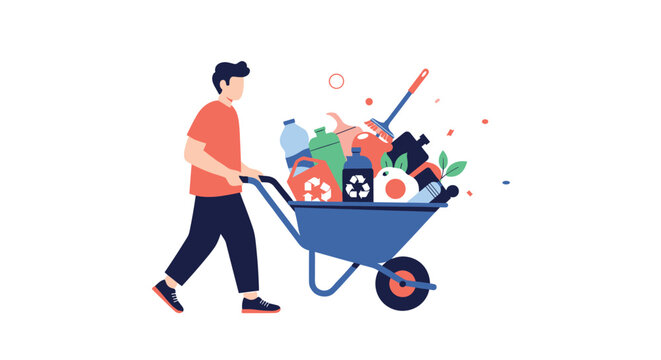 Man walking and pushing a wheelbarrow filled with plastic bottles and various waste items for environmental recycling and cleaning.