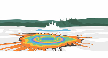 Fototapeta premium Colorful hot springs erupt in white steam against a backdrop of green hills