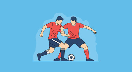 Fototapeta premium Two athletic soccer players in red jerseys and blue shorts competing for the ball during an intense match on a blue background.