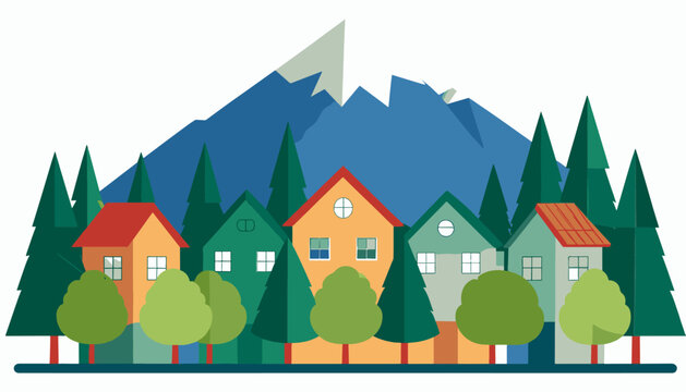 Colorful houses nestled among trees and mountains