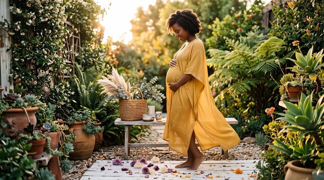 Serene young woman awaiting pregnancy in a bohemian backyard garden.