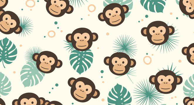 Cute seamless pattern featuring friendly monkey faces interspersed with green tropical monstera leaves and abstract circular accents.