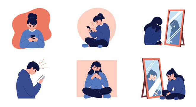 Set of six illustrations depicting a young woman experiencing sadness and self-doubt while using a smartphone and looking in a mirror.
