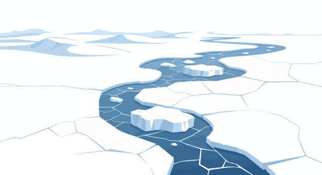 Arctic landscape with fractured ice floes and a winding blue channel