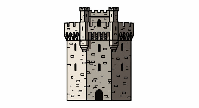 A stone castle with battlements, archways, and windows