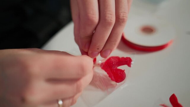 Hands tie red ribbon around wrapped lollipop. Close-up of festive candy preparation. Red ribbon curls on white surface. Perfect for holiday, Valentine's, or party scenes. Suitable for advertising