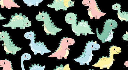 Fototapeta premium Cute Pastel Cartoon Dinosaur Pattern Repeating on Black Background