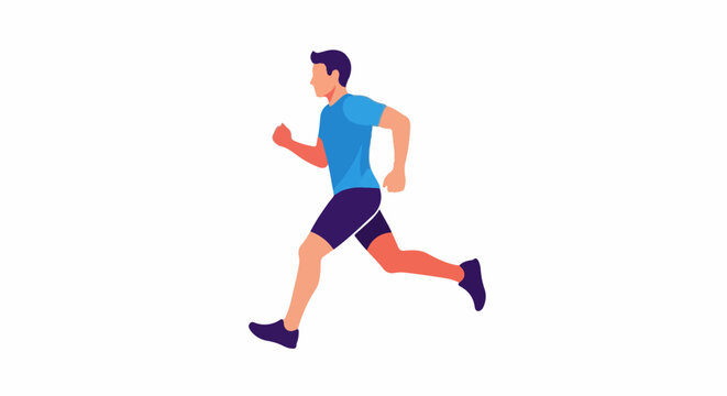 A man in athletic attire runs with vigor on a white background
