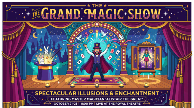 Magician Performing Grand Magic Show with Illusions and Enchantment