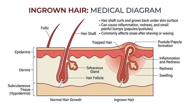 Ingrown Hair Medical Diagram: Normal vs. Infected Follicle, Skin Layers