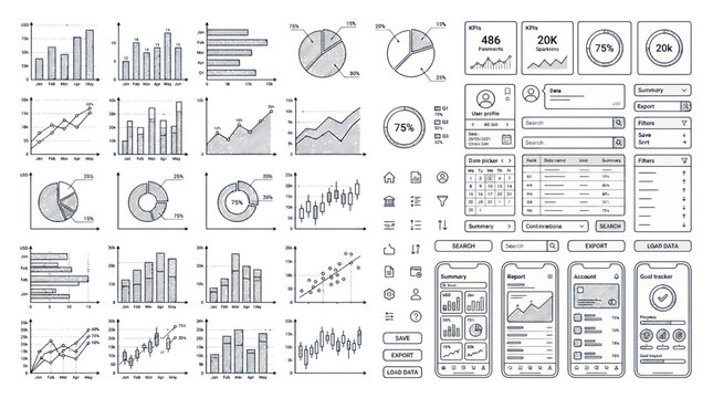 Hand-drawn Financial Charts, Graphs, and UI Elements Sketch Set
