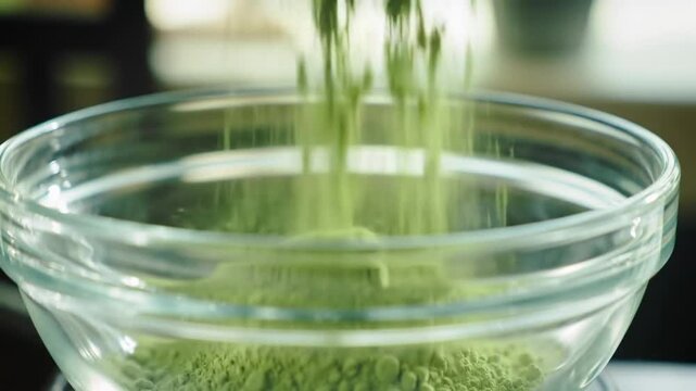 Green matcha powder pouring into a clear glass bowl.