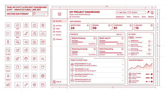 Project Management Dashboard UI Kit, Task Activity & Progress Tracking, Vector Line Art